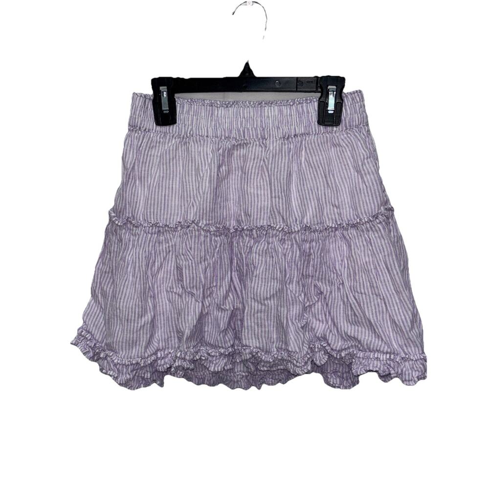 Hill House Women’s The Paz A-Line Linen Ruffle Hem Skirt Lilac Striped Size Sm